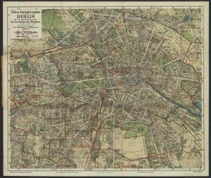Stadtplan von Berlin, 1:20 000, Druck, 1920 : Silva-Verkehrsplan von Berlin : auf 150 Quadratkilometer für das Gebiet der Ringbahn / Bearb. u. hrsg. von Willy Holz. Druck von Bogdan Gisevius. - Ausg. B.. - 1:20 000. - Berlin : Flemming & Wiskott , [1920]. - 1 Kt. : Farbendr. ; 67 x 56 cm + Beil. (23 S.) - [Nebst] Verzeichnis d. Straßen