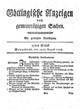 35tes Stück. Sonnabend, den 29ten August 1778.