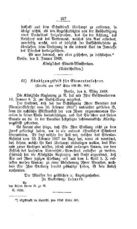 Kündigung für Elementarlehrer : [IV. Seminarien, Bildung der Lehrer und deren persönliche Verhältnisse]