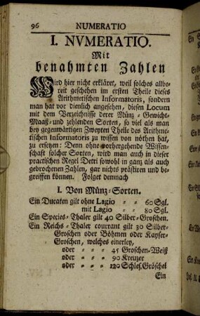I. Numeratio. Mit benahmten Zahlen.