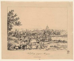 Stadtansicht von Freiberg, Blick von Norden mit dem Donatsturm, Nikolaikirche, Rathausturm, Petrikirche und dem Dom St. Marien, im Vordergrund Bauern bei der Arbeit, aus den "Malerische Ansichten von Freiberg..." von Ludwig Richter 1829