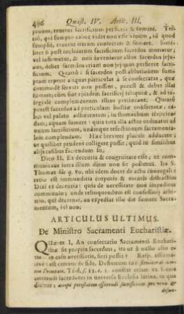 Articulus Ultimus. De Ministro Sacramenti Eucharistiae.