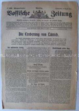 Titelblatt der Tageszeitung "Vossische Zeitung" zur Eroberung von Lüttich durch die deutsche Armee