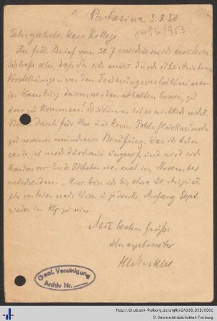Briefe und Postkarten von Hans Winkler von Universität Hamburg. Institut für Allgemeine Botanik, Institut für Allgemeine Botanik und Botanischer Garten (Hamburg) an Wolfgang Soergel
