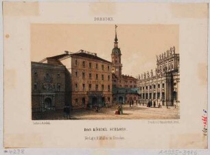 Ansicht eines Teiles des Schlossplatzes in Dresden, Blick nach Südwesten auf den Georgenbau, den Hausmannsturm und Teil der Katholischen Hofkirche