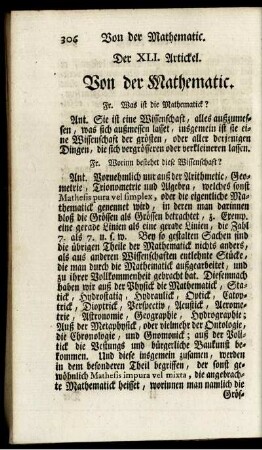 Der XLI. Artickel. Von der Mathematic.