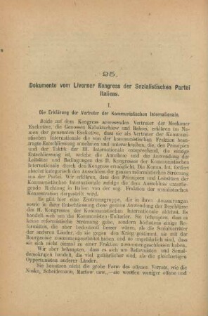 25. Dokumente vom Livorner Kongress der Sozialistischen Partei Italiens.