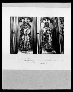 Chorgestühl, Rückwand: Reliefs mit den Aposteln und den Äbten von Saint-Claude