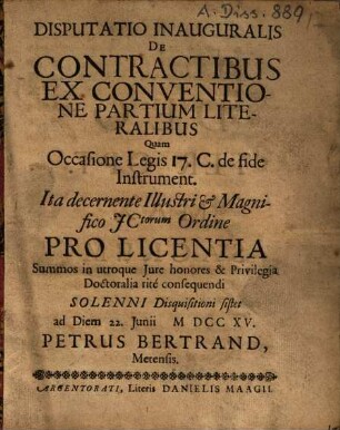 Disputatio Inauguralis De Contractibus Ex Conventione Partium Literalibus