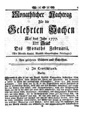 Monathlicher Nachtrag [...] Auf das Jahr 1777. IItes Stück Des Monaths Februarii