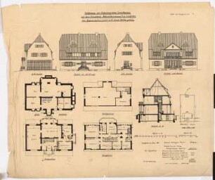Haus Regierungsbaumeister E. Mellin, Berlin-Lankwitz: Ansichten, Grundriss, Schnitt 1:100 Lageplan 1:500
