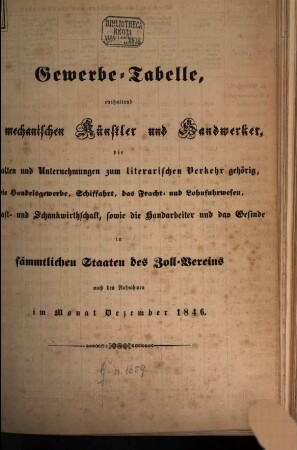 Gewerbe-Tabelle (der Zollvereins-Staaten). 1846 (1847)