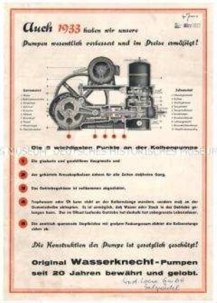 Auch 1933 haben wir unsere Pumpen wesentlich verbessert und im Preis ermäßigt!