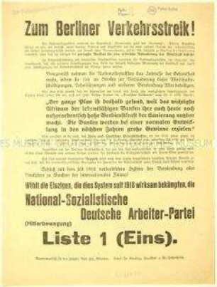 Programmatischer Wahlaufruf der Nationalsozialisten an die Arbeiter vor dem Hintergrund des BVG-Streiks gegen Verelendung und Papenplan anlässlich der Reichstagswahl November 1932
