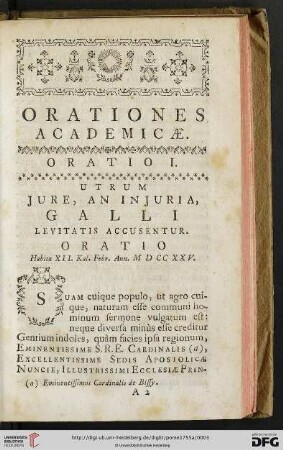Oratio I: Utrum jure, an injuria, Galli levitatis accusentur