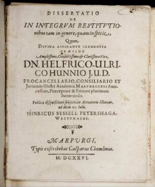 Dissertatio De In Integrum Restitutionibus tam in genere, quam in specie