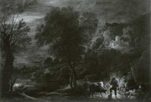 Mondscheinlandschaft mit Hirten am Feuer