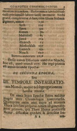 De Secunda Epocha, Seu De Tempore Instaurationis Mundi, usque ad segregationem familiae Abrahae.