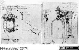 Zwei BlätterPortal des Palazzo Zuccari - Palazzo Zuccari, Aufmaßskizzen der Gartenmauer: Maskenportal; Porta e finestra del Giardino del Pal. Zuccari