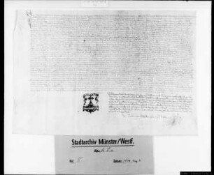 Protestation von Bürgermeister und Rat zu Münster gegen einen gegen den Münsterschen Freigrafen Johann Kerkeringk von dem Freigrafen von Arnsberg in der Appallationssache des Domkapitels und dessen Gografen zu Bakenfeld Johann zur Mollen Appellanten gegen den Freigrafen ergangenen Bescheid. Notariatsinstrument des Nikolaus von Schaten (Pgt.)