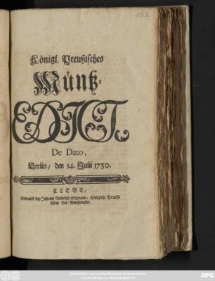 Königl. Preußisches Müntz-Edict : De Dato, Berlin, den 14. Julii 1750.