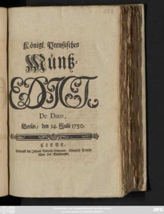 Königl. Preußisches Müntz-Edict : De Dato, Berlin, den 14. Julii 1750.
