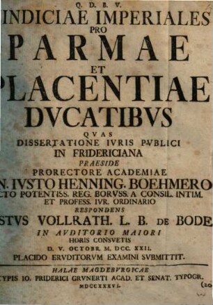 Vindiciae Imperiales Pro Parmae Et Placentiae Ducatibus
