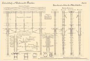 Schlachthof und Viehmarkt, Breslau Eisenkonstruktionen der Markthallen (im Mittelbau der Grossviehhalle): Längsschnitt durch ein Binderfeld, Ansichten Bindersäulen 1:20 Knotenpunkte 1:10