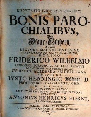 Dispvtatio Ivris Ecclesiastici, De Bonis Parochialibvs, Von Pfaar-Güthern