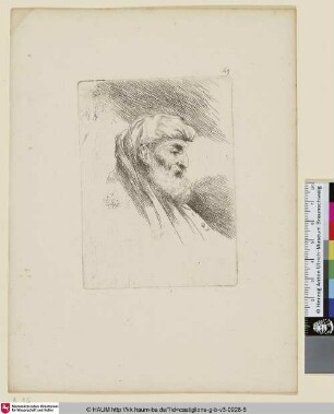 Un vieillard à grand barbe , vu de profil et tourné vers la droite [Kopf eines alten Bärtigen mit orientalischem Turban]