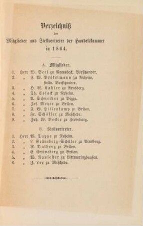 Verzeichniß der Mitglieder und Stellvertreter der Handelskammer in 1864.