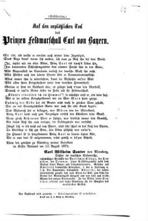 Auf den urplötzlichen Tod des Prinzen Feldmarschall Carl von Bayern