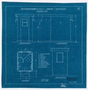 Tankstellen der Reichskraftsprit GmbH, Berlin: Grundriss, Vorderansicht, Seitenansicht, Rückenansicht Wärterhaus kleiner Typ 1:20