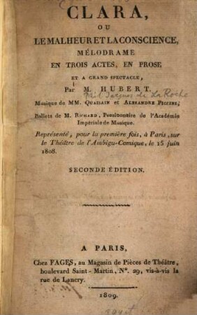 Clara, ou le malheur et la conscience : mélodrame en trois actes, en prose et à grand spectacle