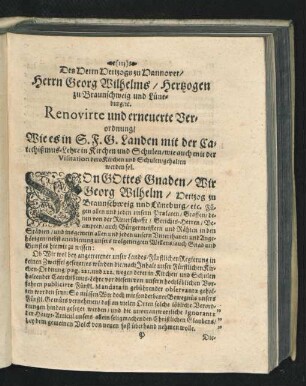 Des Herrn Hertzogs zu Hannover/ Herrn Georg Wilhelms ... Renovirte und erneuerte Verordnung ...