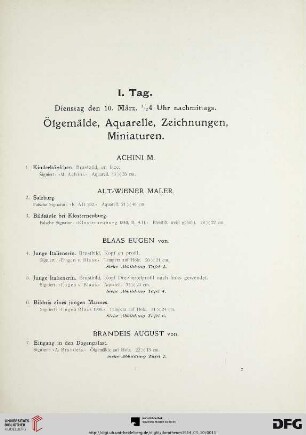 I. Tag. Ölgemälde, Aquarelle, Zeichnungen, Miniaturen (Nr. 1-97)