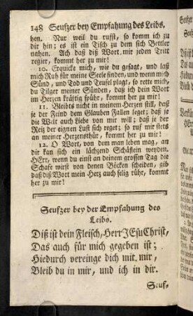 148-153, Seufzer bey der Empfahung des Leibs. Seufzer bey der Empfahung des Bluts. Verkündigung des Todes unsers Herrn Jesu Christi ...