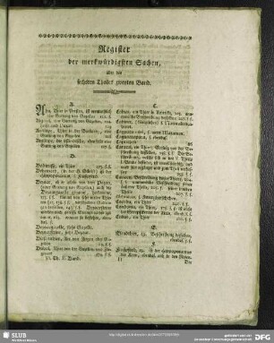 Register der merkwürdigsten Sachen, über des sechsten Theiles zweyten Band