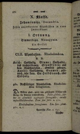 X. Klasse. Zehnmännige. Decandria. Zehen unverbundene Staubfäden in einer Zwitterblume.