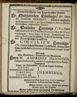 Denen Viel Ehren- und Tugendreichen Frawen Fr. Margarethen Lünsings [...] Fr. Wendelen Hennings [...] Fr. Coecilien Hennings [...] Herrn M. Ambrosio Hennings [...]