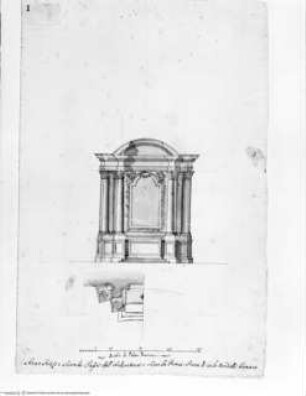 Stegreifprobe - Altar mit vier korinthischen Säulen, Grundrissdetail und Aufriss