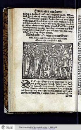Wie Fortunatus eim armen Mann ein Tochter ausz stewret vnd ir vierhundert Ducaten zu heim stewer gab. (Bl. 29 verso - 31 recto)