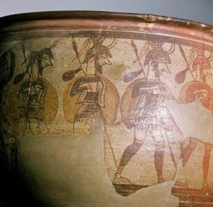 Athen. Archäologisches Nationalmuseum 1426. Krieger-Vase, Ende 13. Jh. v. Chr. Fund außerhalb von Gräberrund A. Sack mit Maza