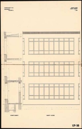 Siedlungsplan mit Schulhausgruppe Schinkelwettbewerb 1931: Hauptachse Fassadenschnitt und Ansicht 1:20