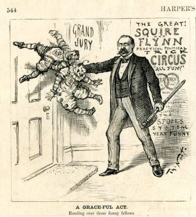 A grace-ful act. Handling over those funny fellows : Franklin Edson, der Bürgermeister von New York, übergibt Maurice Flynn und Rollin Squire, die als Clowns dargestellt werden, an ein Gericht
