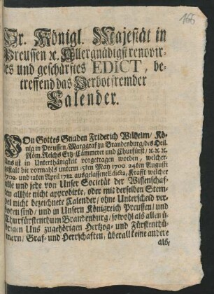 Sr. Königl. Majestät in Preussen [et]c. Allergnädigst renovirtes und geschärftes Edict, betreffend das Verbot fremder Calender ... : [Gegeben zu Berlin den 14ten Decembr. 1723.]