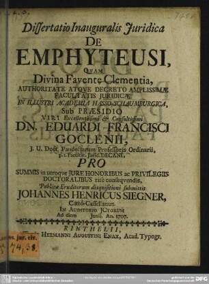 Dissertatio Inauguralis Iuridica De Emphyteusi