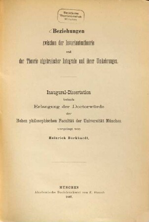 Beziehungen zwischen der Invariantentheorie und der Theorie algebraischer Integrale und ihrer Umkehrungen