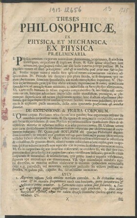 Theses Philosophicæ, Ex Physica, Et Mechanica. Ex Physica Præliminaria
