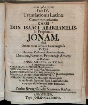 Pars IV. Translationis Latinæ Commentariorum Rabbi Don Isaaci Abarbanelis, In Prophetam Jonam